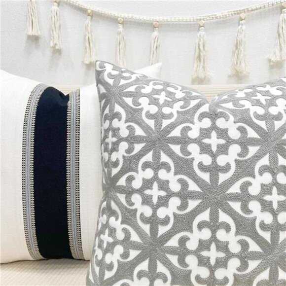 SLOW COW Embroidery Decorative Throw Pillow Cover Grey Kaleidoscope Design - Picture 3 of 8